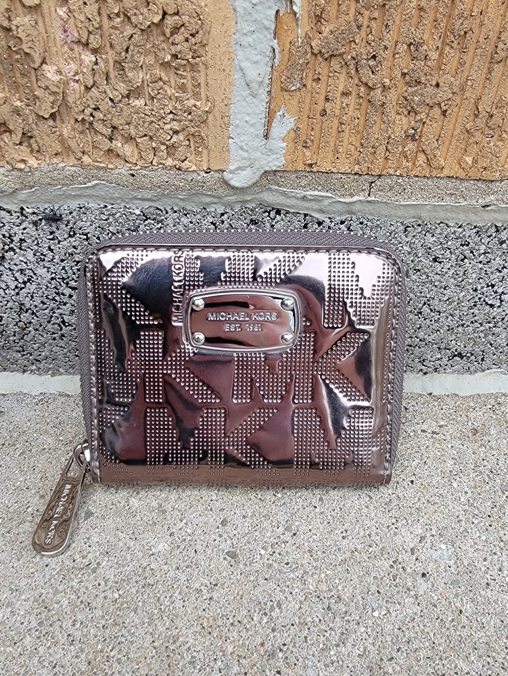 Michael Kors Metallic Bronze Silver Signature Logo Mini Zip Around Wallet